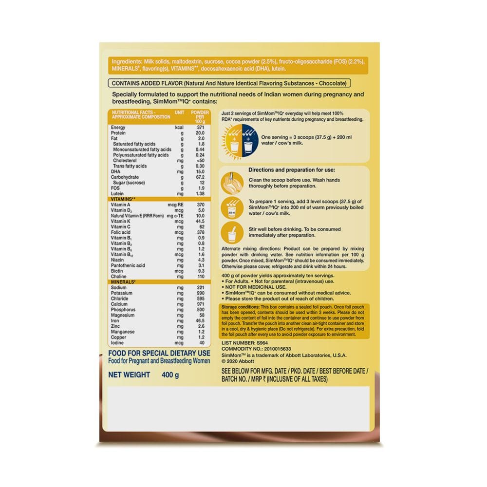 Buy SIMMOM IQ CHOCOLATE PWDR REF 400GM Online at Best Prices | Wellness ...