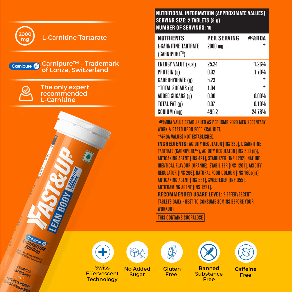 Buy Fast&Up L-Carnitine Lean Body - For Weightloss I Helps Convert Fat into  Energy, 2000 mg Carnipure TM L-Carnitine Sourced from Lonza Switzerland