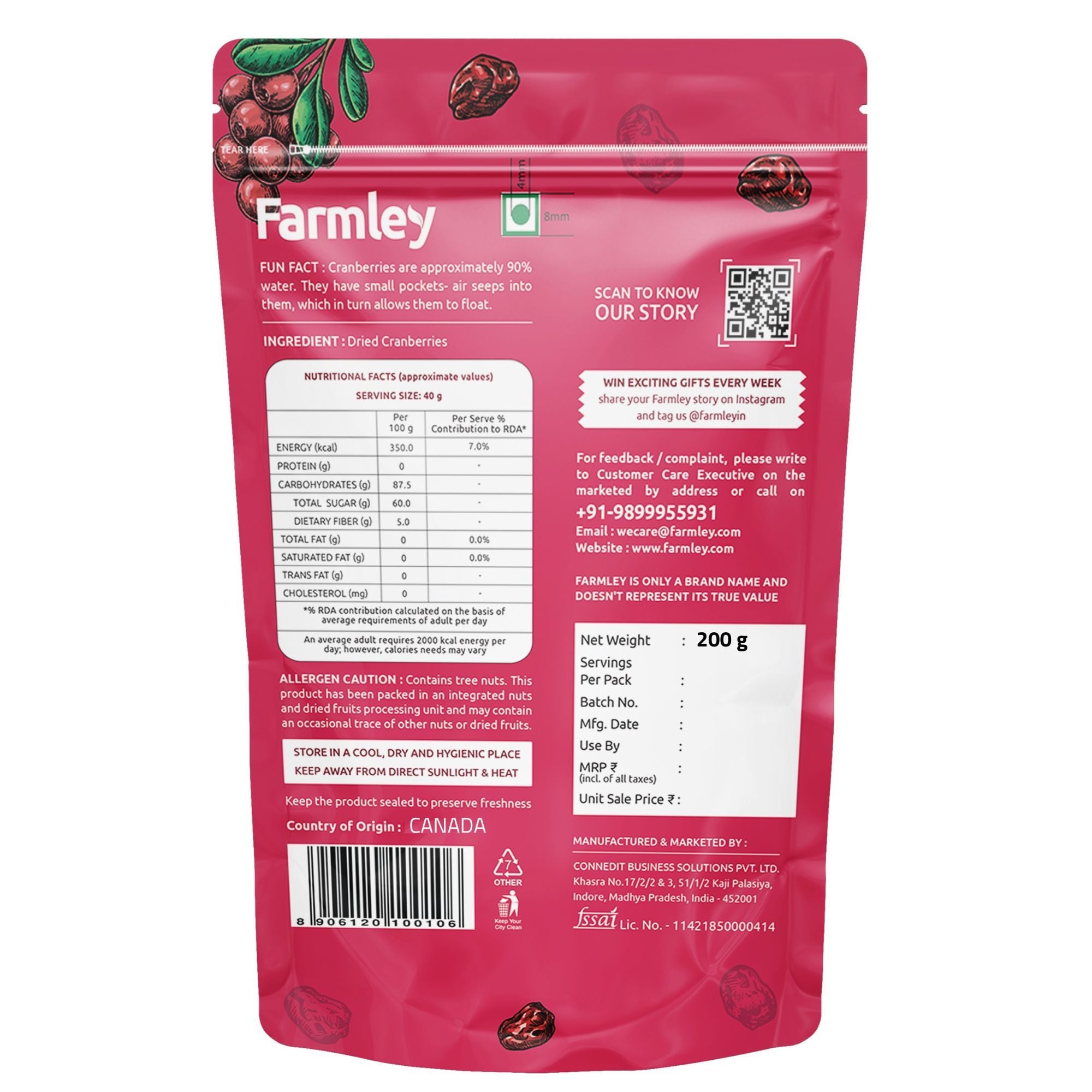 Buy Farmley Canadian Dried Cranberry I 200 gram I Dry Fruit, Berries ...